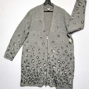 Gray Animal-Print Embellished‎ Jacquard Cardigan Size 3 (XL)  #489